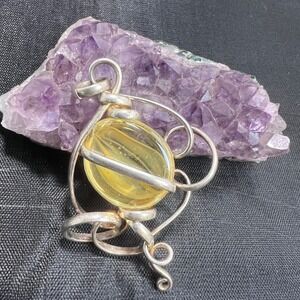 2" Artisan Silver Tone Wrapped Pendant Yellow Glass Bead‎ Abstract Design